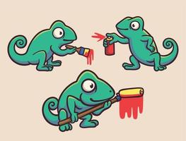 iguanas paint with brush, spray paint and brush roller animal logo mascot illustration pack