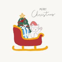 Hand drawn vector illustration with happy cute white cat wearing Santa Claus hat