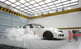 Garage interior with white car and smoke effect on room white wall and tiles floor design. 3D rendering photo