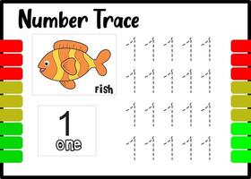 number trace and color fish. tracing number for kids. vector