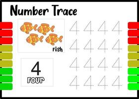 number trace and color fish. tracing number for kids. vector