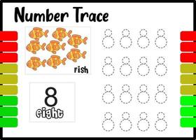 number trace and color fish. tracing number for kids. vector