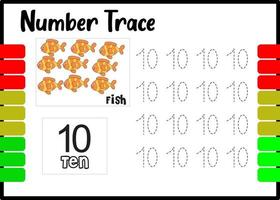 number trace and color fish. tracing number for kids. vector