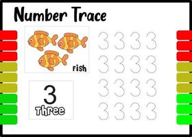 number trace and color fish. tracing number for kids. vector