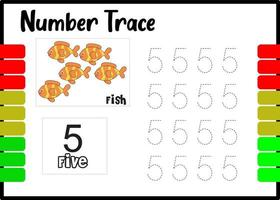 number trace and color fish. tracing number for kids. vector