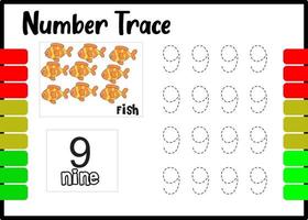 number trace and color fish. tracing number for kids. vector