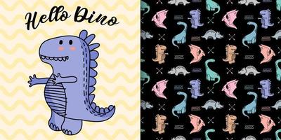 cute animal dinosaurs cartoon illustration character with seamless pattern vector