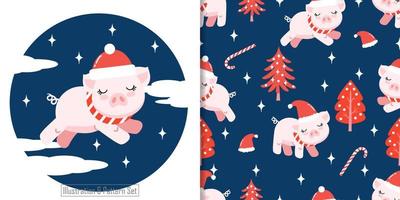 cute animal cartoon illustration winter with seamless pattern vector