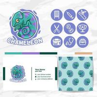 cute chameleon animal logo with icon and pattern set bundles for pet shop collections vector