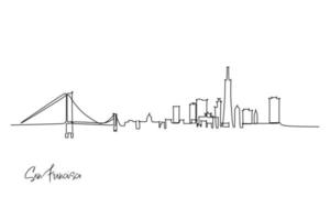 Single line drawing of residence skyline. Town and buildings landscape model. Best holiday destination wall decor art. Editable trendy continuous line draw design vector illustration