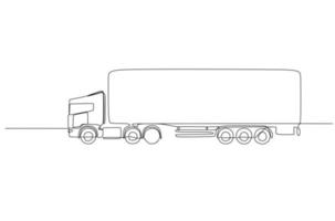 Industrial grade bonnet long hauler diesel semi truck trailer running with commercial cargo. Continuous one line drawing vector