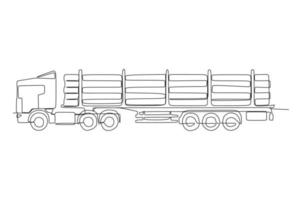 A loaded logging truck  for the forestry site ready to transport logs to the sawmill or for export Continuous one line drawing vector illustration