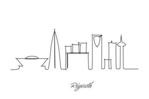 One continuous line drawing of Riyadh city skyline. Beautiful landmark home decor poster print. World landscape tourism travel vacation. single line draw design vector illustration