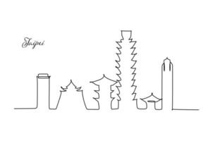 Single continuous line drawing of Taipei city skyline, Taiwan. Famous city scraper and landscape home wall decor art poster print. World travel concept. Modern one line draw design vector illustration