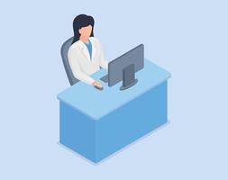 doctor read data analysis on computer screen sit on chair with isometric modern style vector