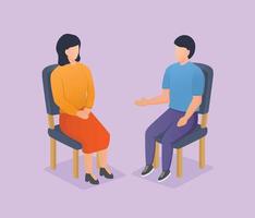 man and woman discussion sharing session on chair with modern isometric style vector