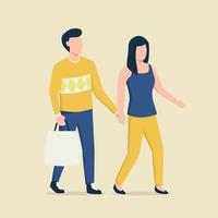 pareja camina juntos de compras con bolsa de compras con estilo plano vector