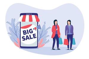 big sale concept with smartphone apps and poster with woman shopping with shop bags vector