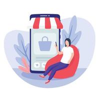 Mujer sentada en una bolsa de frijoles para el concepto de casa de compras móvil con estilo plano moderno vector