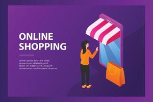 online shopping concept with mobile phone and store concept for website template or landing homepage vector