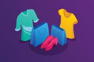 clothes and shopping bags with isometric style and vivid dark background vector