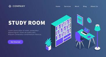 concepto de sala de estudio con estante para libros y espacio de trabajo de mesa computadora portátil para plantilla de sitio web o página de inicio de aterrizaje vector