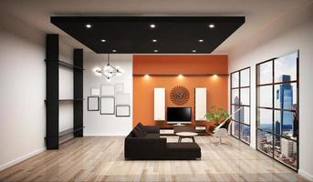Sala de trabajo con sofá y sala de trabajo de decoración, diseño de azulejos blancos y fondo de pared naranja. Representación 3d foto