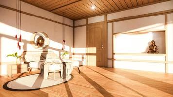 maqueta de dormitorio con cama de madera en diseño minimalista de Japón. Representación 3D. foto