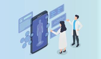 doctor team analze patient medical human record on smartphone apps with isometric style vector