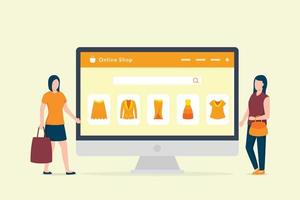 Concepto de compras en línea con el escritorio de la computadora y el icono de compras de comercio electrónico con dos mujeres