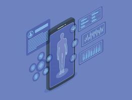 human body data infographic on smartphone app with modern isometric style vector