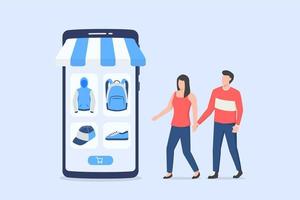 couple mobile shopping with smartphone apps and fashion icon ecommerce business vector