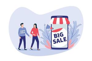 Bigsale de comercio electrónico con personas y póster de gran venta de smartphnone con estilo plano moderno vector