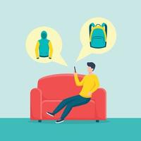 happy man shopping from home with mobile phone ecommerce sit on sofa with product icon vector