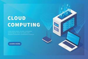 cloud computing concept server database with laptop and database for website template or landing homepage vector