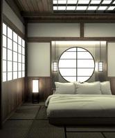 Dormitorio moderno diseño de interiores zen con decoración de estilo japonés. Representación 3D. foto