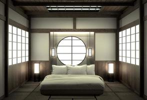 Dormitorio moderno diseño de interiores zen con decoración de estilo japonés. Representación 3D. foto