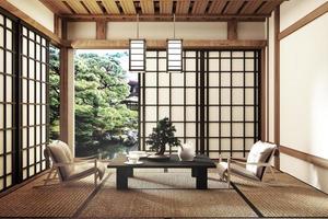 diseño de interiores, sala de estar moderna con sillas, lámpara, piso de tatami, estilo japonés, renderizado 3d foto
