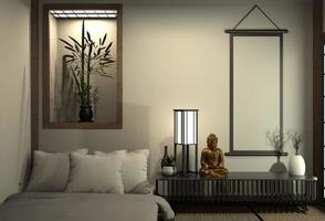 dormitorio moderno y tranquilo. dormitorio de estilo zen y decoración de estilo japonés, dormitorio de estilo japonés representación 3d foto