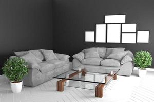 Black room interior - modern tropical style concept with black sofa and plants in white floor on black wall ground. 3d rendering photo