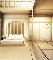 Diseño de interiores gran habitación de dos pisos estilo japón. Representación 3d foto