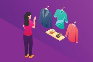 Mujer elige ropa con varios modelos y colección de zapatos. vector