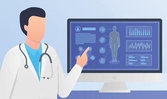 doctor give analysis or explanation with human body medical reports on computer screen vector