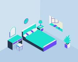 Arquitectura de dormitorio con cama y ventana de armario con estilo isométrico. vector