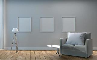 Sofa and picture, wooden floor on empty white wall background. 3D rendering photo