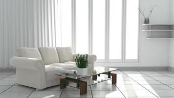 La sala de estar con sofá tiene almohadas, lámpara y jarrón con flores sobre fondo de pared blanca, representación 3d