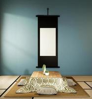 kotatsu low table and pillow ontatami mat, dark blue room japan and frame mock up.3D rednering photo