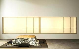 kotatsu low table and pillow ontatami mat, room japan and frame mock up.3D rednering photo