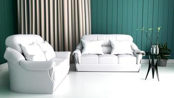 Interior moderno de la sala de estar y un sofá suave en la pared oscura, representación 3d foto