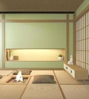 Elegant Interior De La Habitacion Verde Nihon With Papel De La Puerta Y Estante Del Gabinete. Representación 3d foto